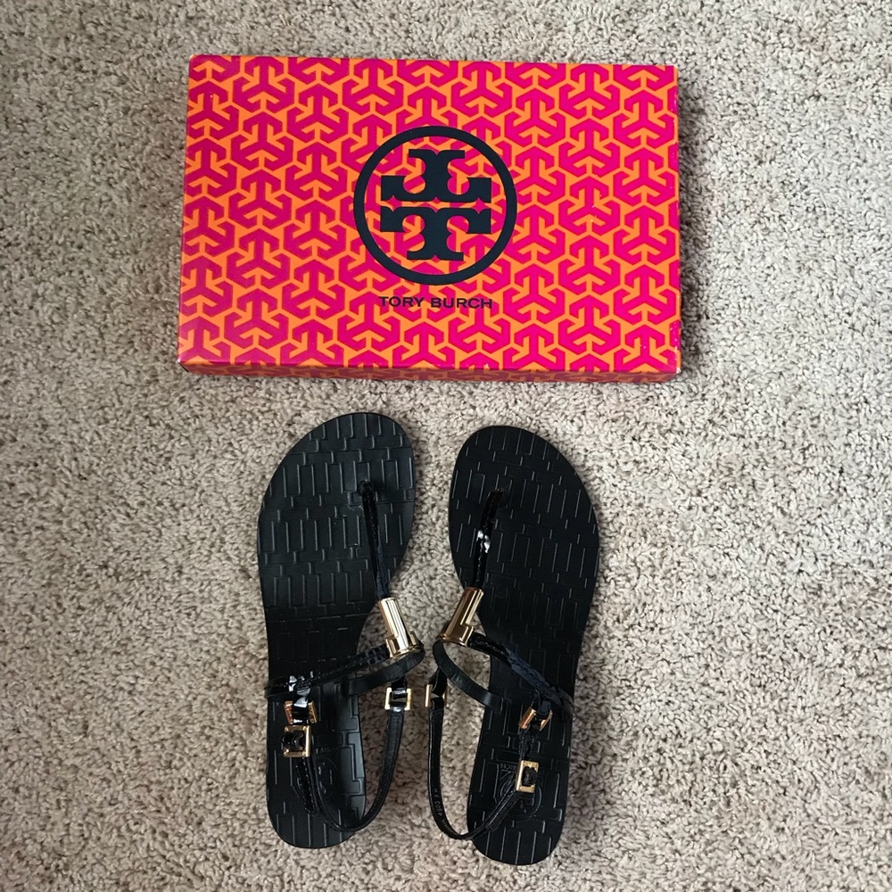 Tory Burch Black Wedged Sandals (Size 8)
